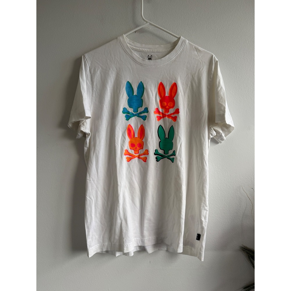 Psycho Bunny Mens White Pima Cotton Multi Color Graphic Logo T-Shirt Size 5 L